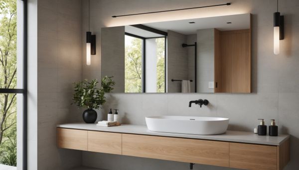 Une salle d'eau épurée aux accents boisés